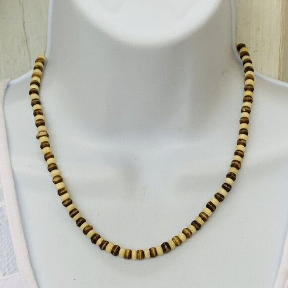 Vintage Brown Tan Wooden Boho Chic Beaded Chain Necklace 18in - Picture 1 of 7